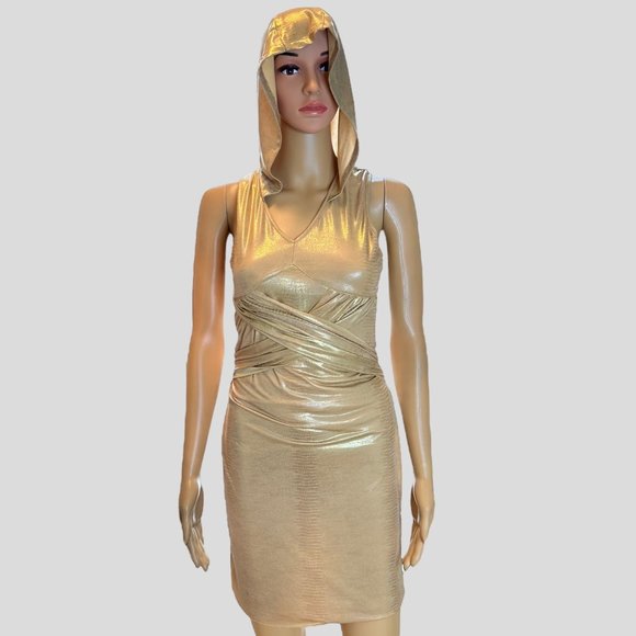 Favori Sheath Hoodie Dress SZ Medium 4 Gold Sleeveless Stretch Adjustable Waist - Picture 1 of 12